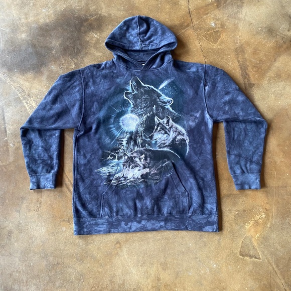 VTG The Mountain Blue Tie Dye 3 Wolf Moon Hoodie - Picture 1 of 4